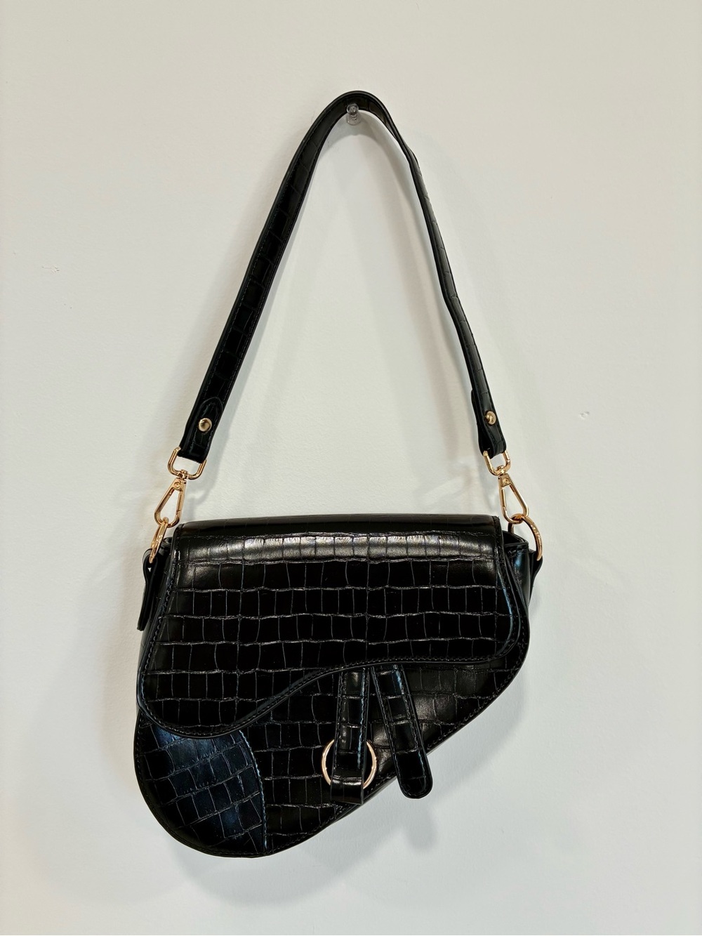 Black Croc-Embossed Saddle Shoulder Bag